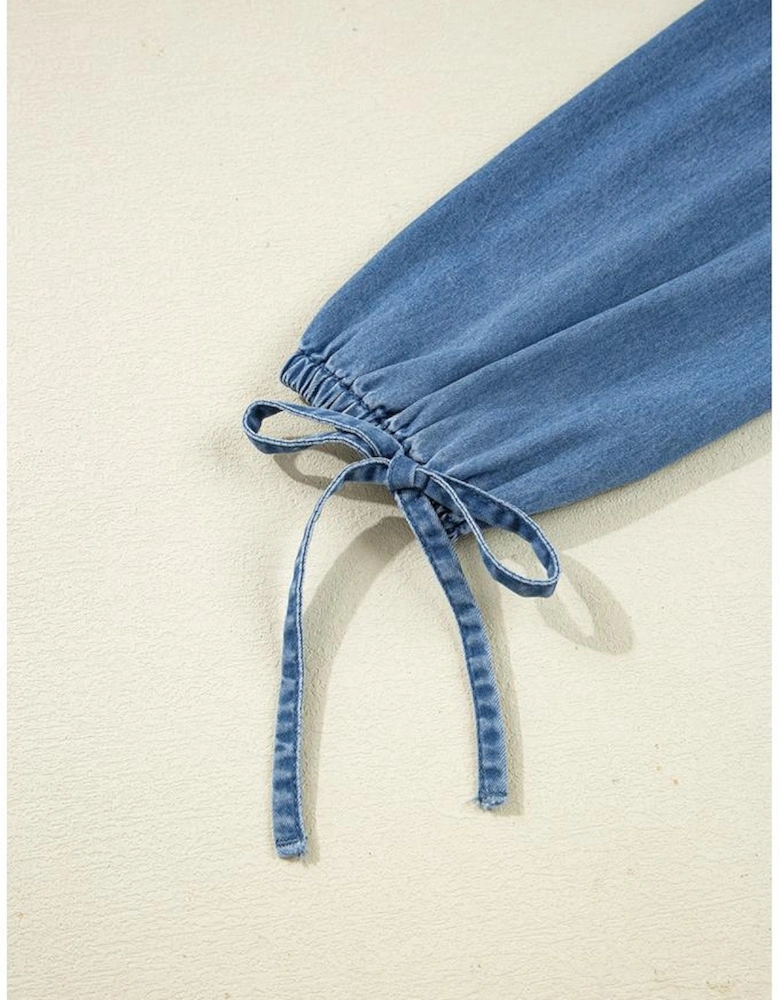 Dusk Blue Denim Lapel Neck Balloon Sleeve Tied Peplum Top