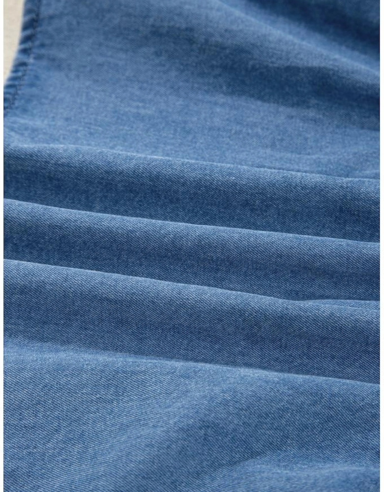 Dusk Blue Denim Lapel Neck Balloon Sleeve Tied Peplum Top