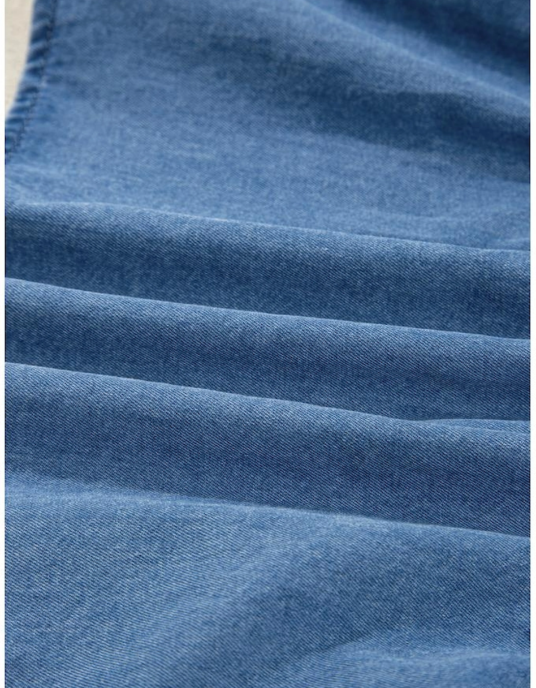 Dusk Blue Denim Lapel Neck Balloon Sleeve Tied Peplum Top