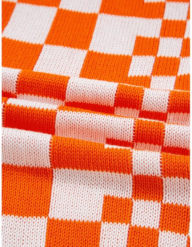 Orange Checkered Open Front Drop Shoulder Cardigan