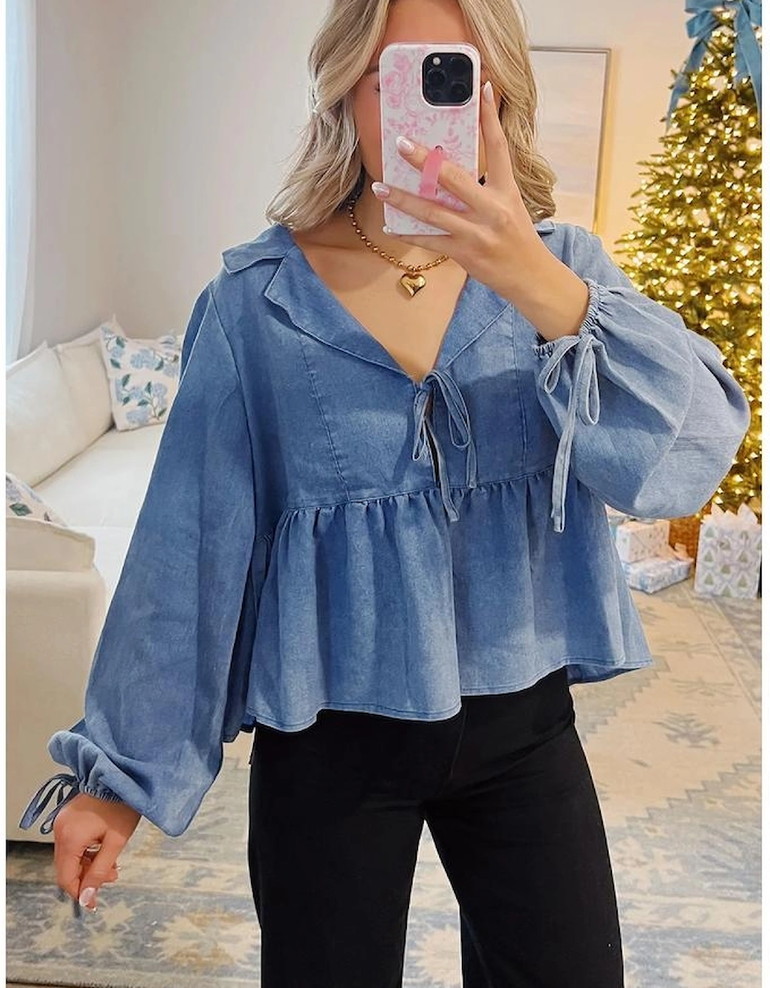 Dusk Blue Denim Lapel Neck Balloon Sleeve Tied Peplum Top
