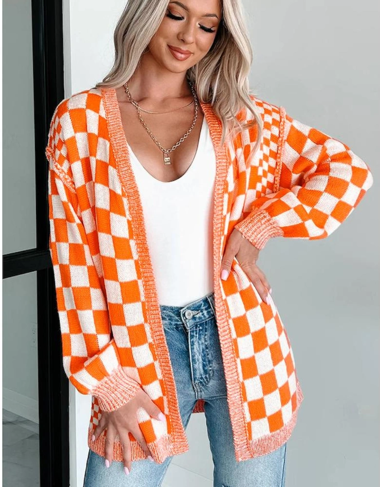 Orange Checkered Open Front Drop Shoulder Cardigan