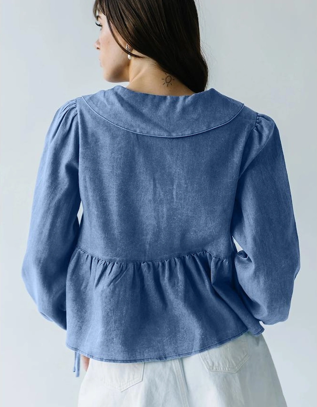 Dusk Blue Denim Lapel Neck Balloon Sleeve Tied Peplum Top, 13 of 12