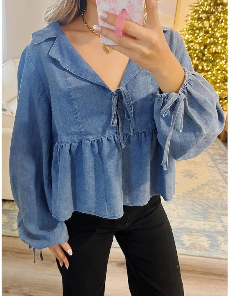 Dusk Blue Denim Lapel Neck Balloon Sleeve Tied Peplum Top