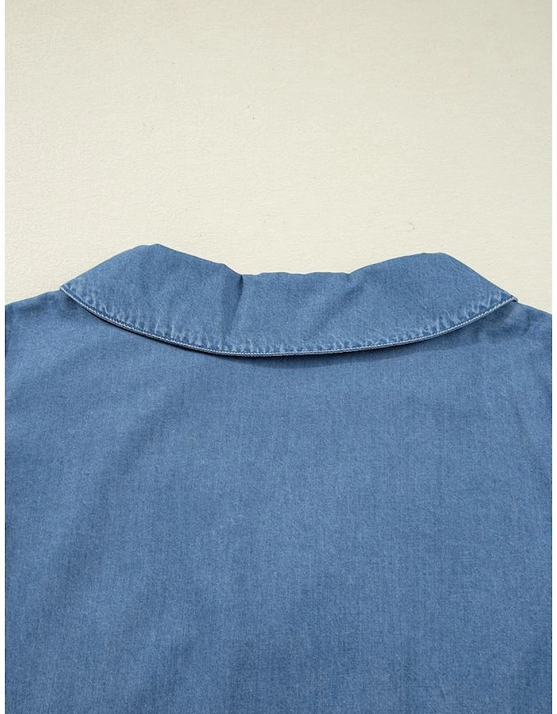 Dusk Blue Denim Lapel Neck Balloon Sleeve Tied Peplum Top