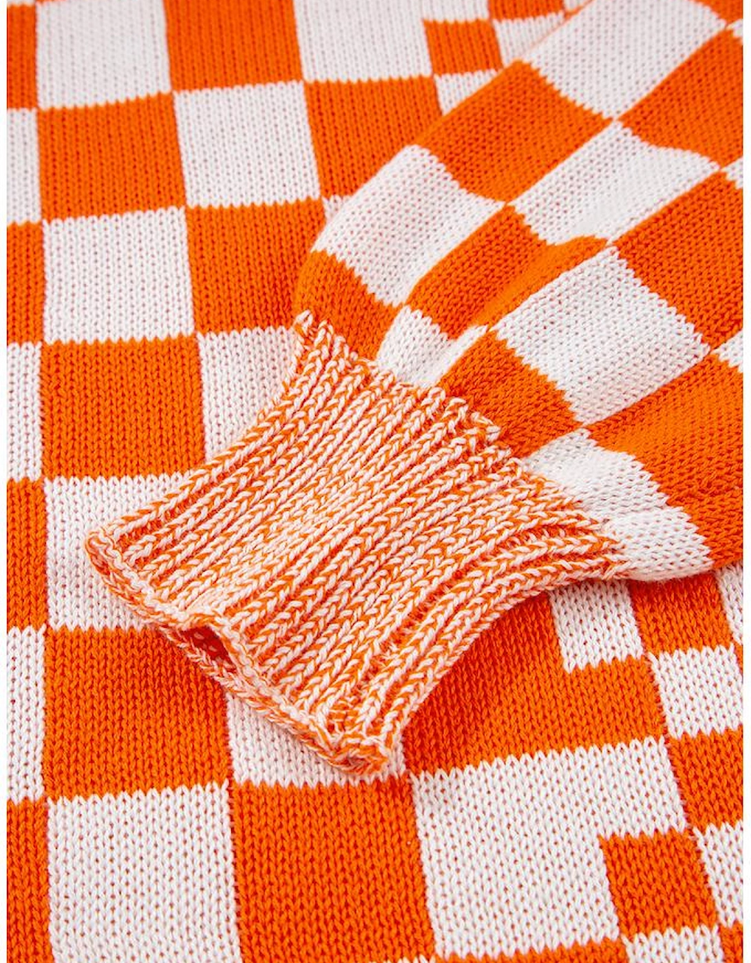 Orange Checkered Open Front Drop Shoulder Cardigan