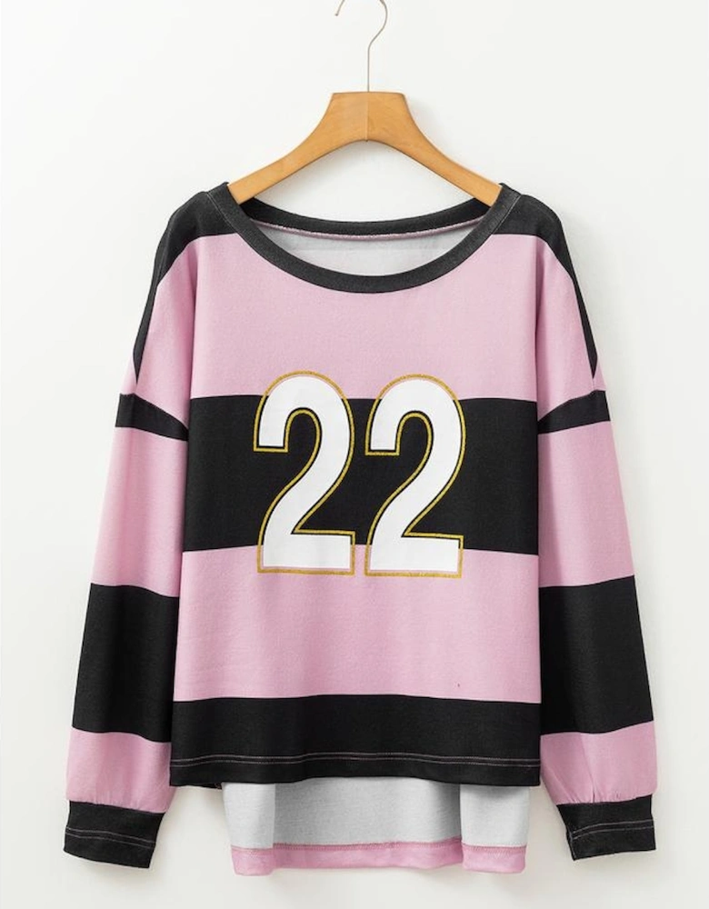 Pink Stripe Color Block Number 22 Print Game Day Loose Long Sleeve Top