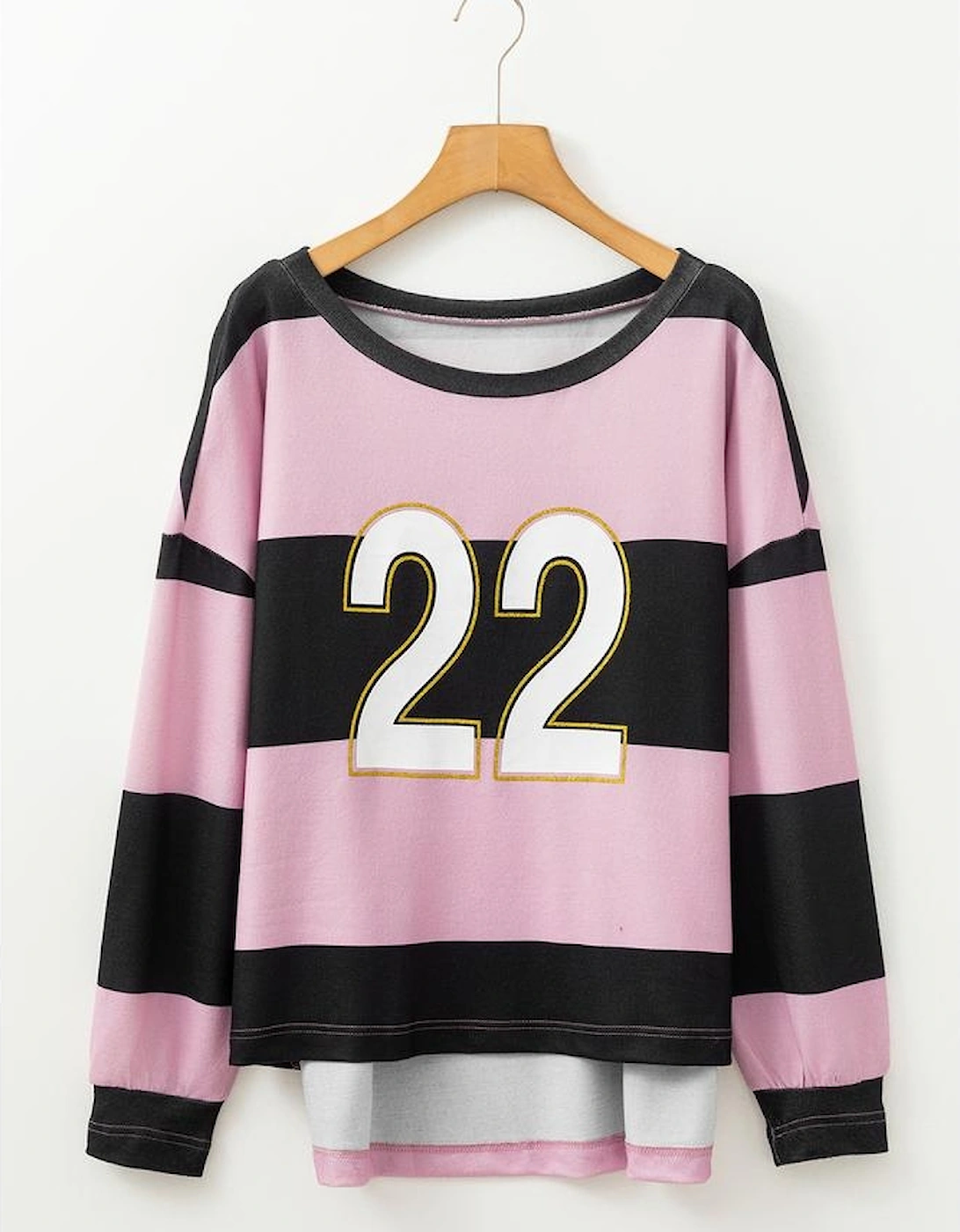 Pink Stripe Color Block Number 22 Print Game Day Loose Long Sleeve Top