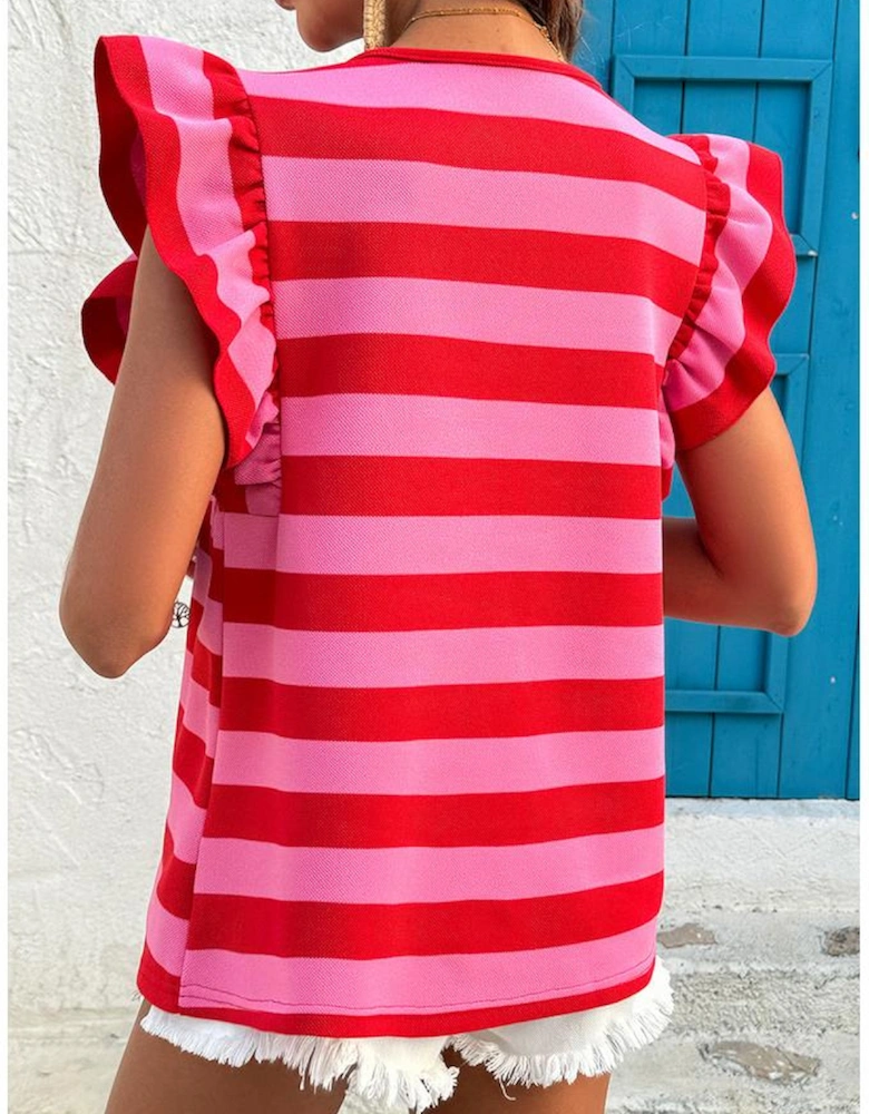 Red Stripe Flutter Sleeve Round Neck T Shirt