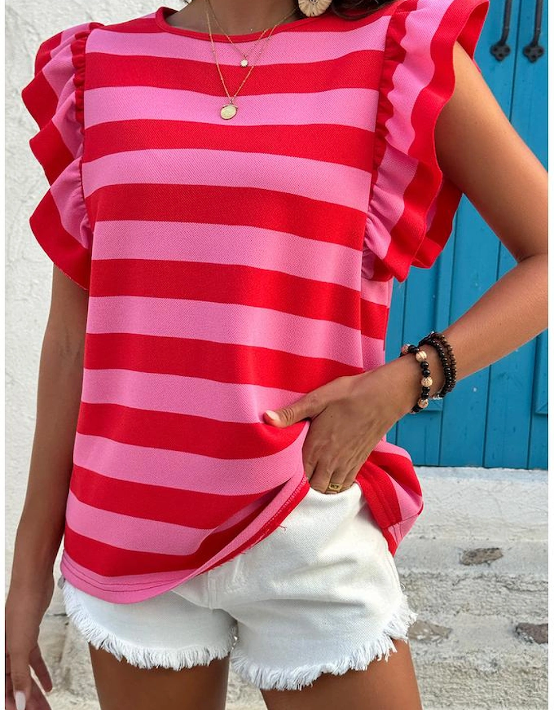 Red Stripe Flutter Sleeve Round Neck T Shirt