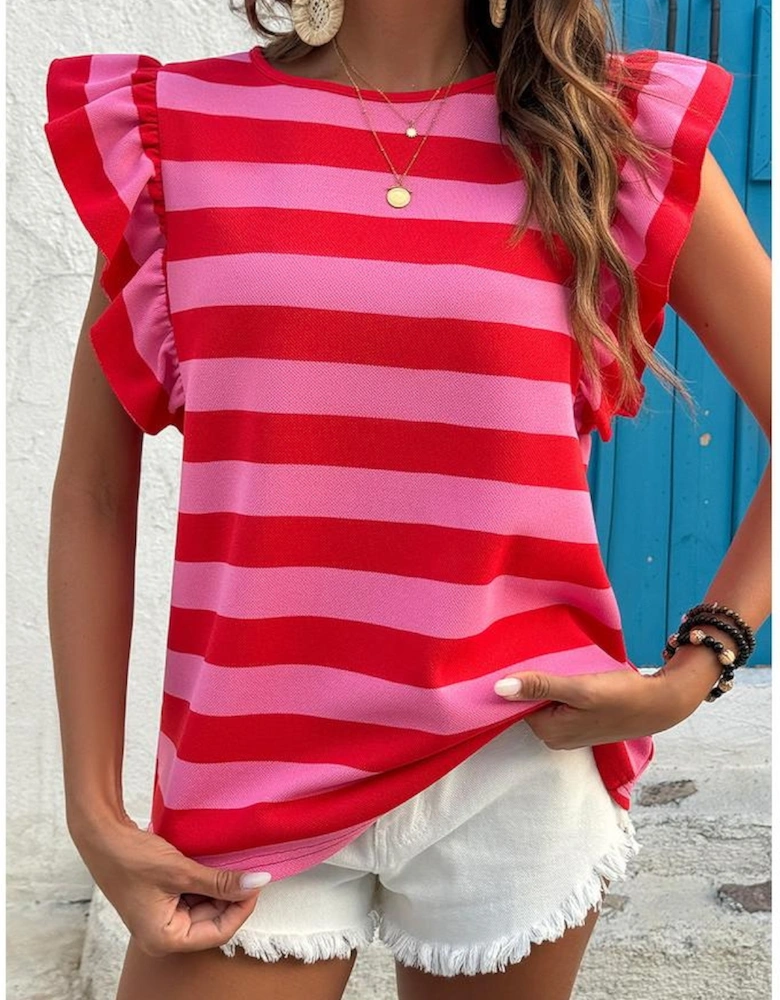 Red Stripe Flutter Sleeve Round Neck T Shirt
