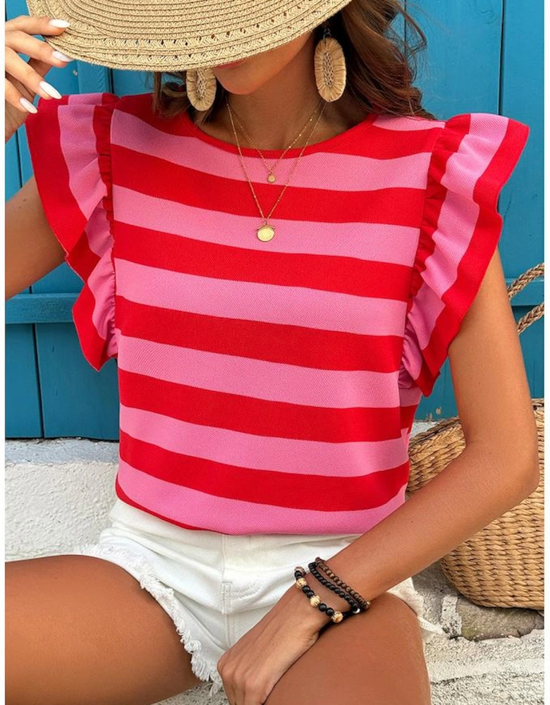 Red Stripe Flutter Sleeve Round Neck T Shirt