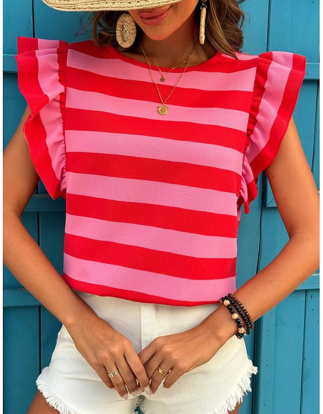 Red Stripe Flutter Sleeve Round Neck T Shirt