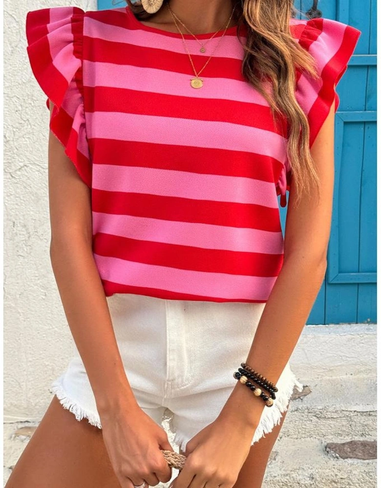 Red Stripe Flutter Sleeve Round Neck T Shirt