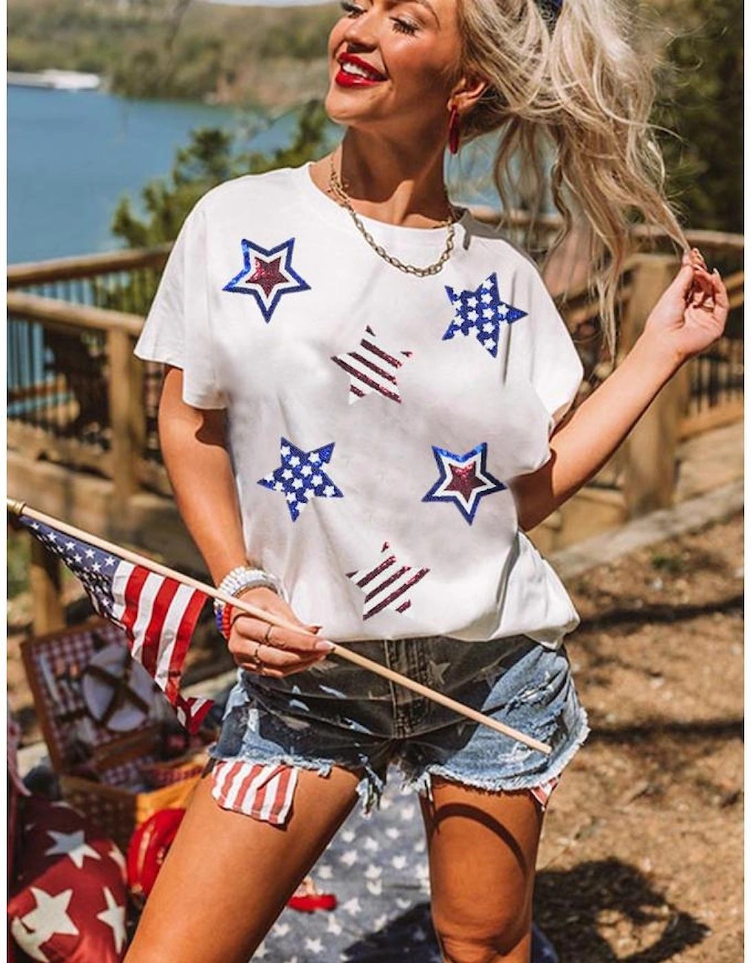 White USA Sequin Stars Patched Casual T Shirt