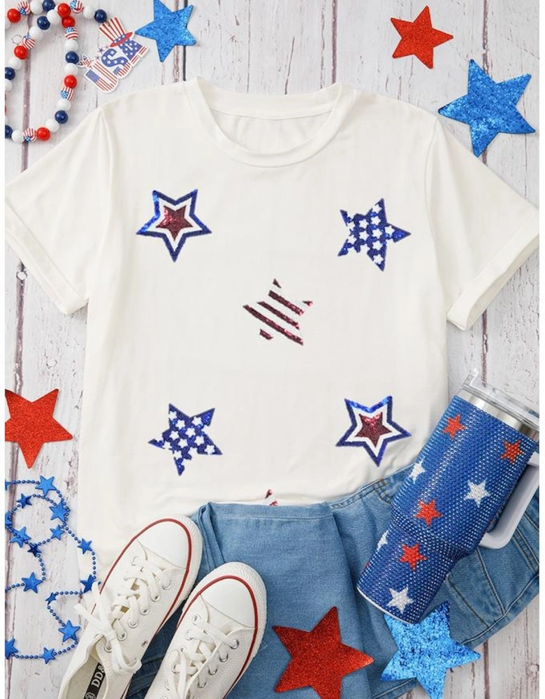 White USA Sequin Stars Patched Casual T Shirt