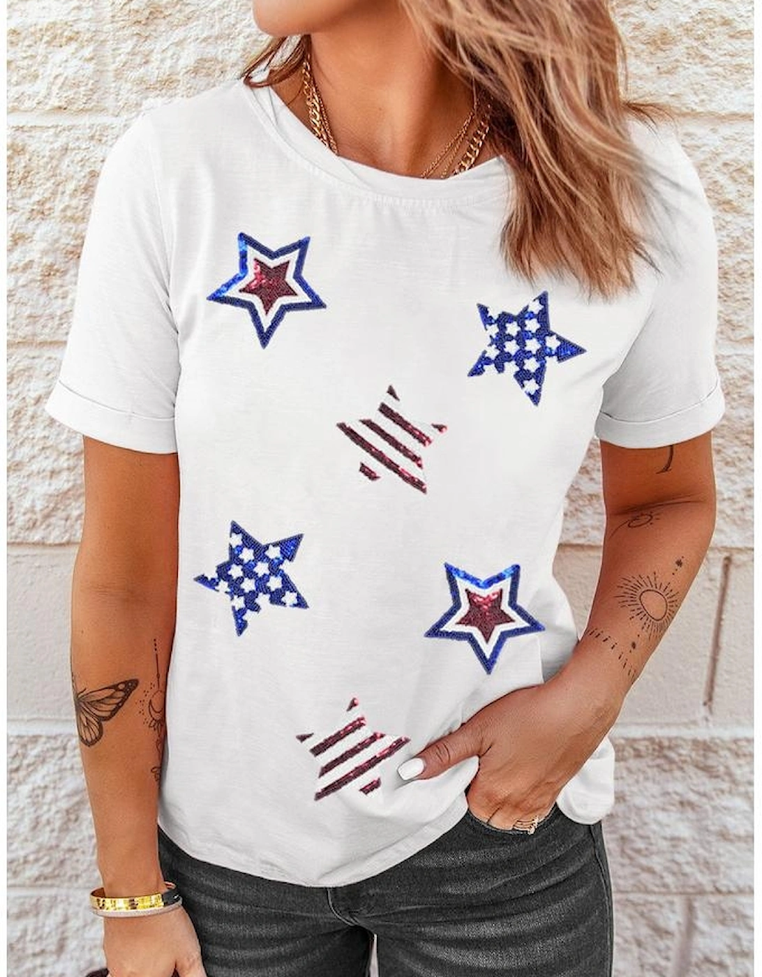 White USA Sequin Stars Patched Casual T Shirt
