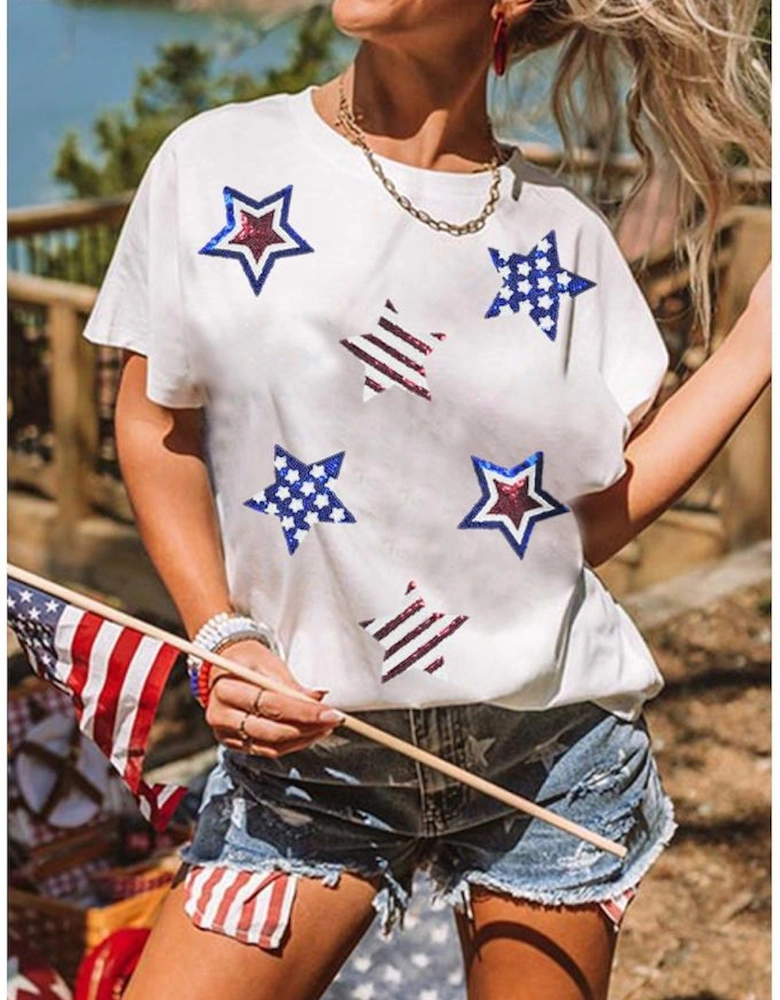 White USA Sequin Stars Patched Casual T Shirt