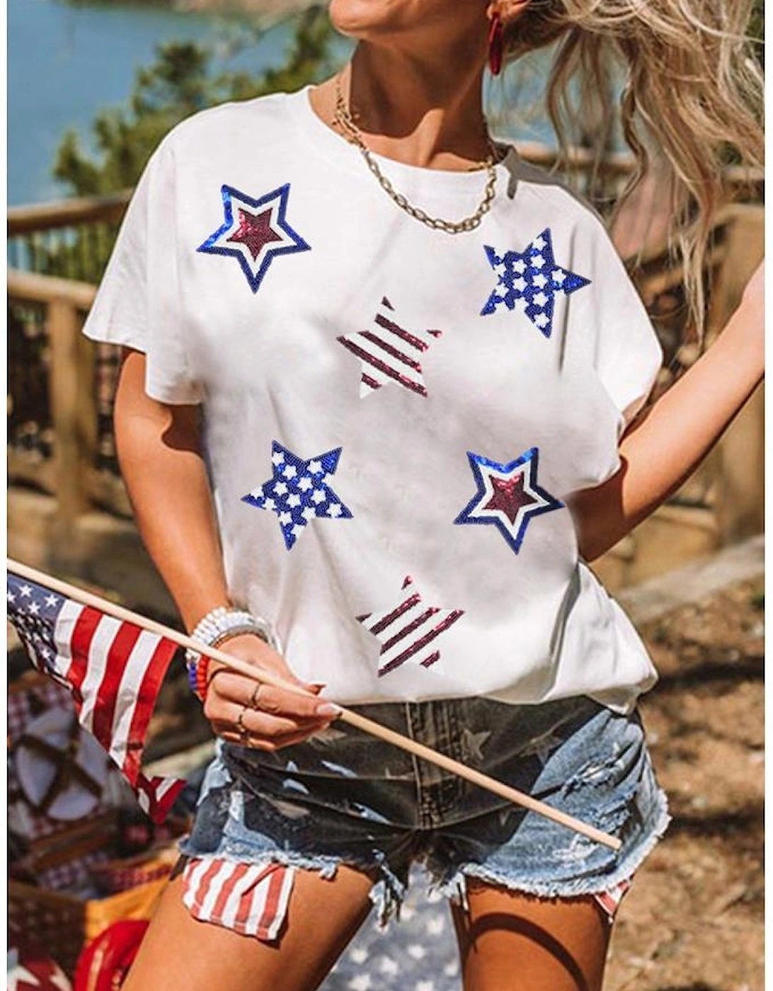 White USA Sequin Stars Patched Casual T Shirt