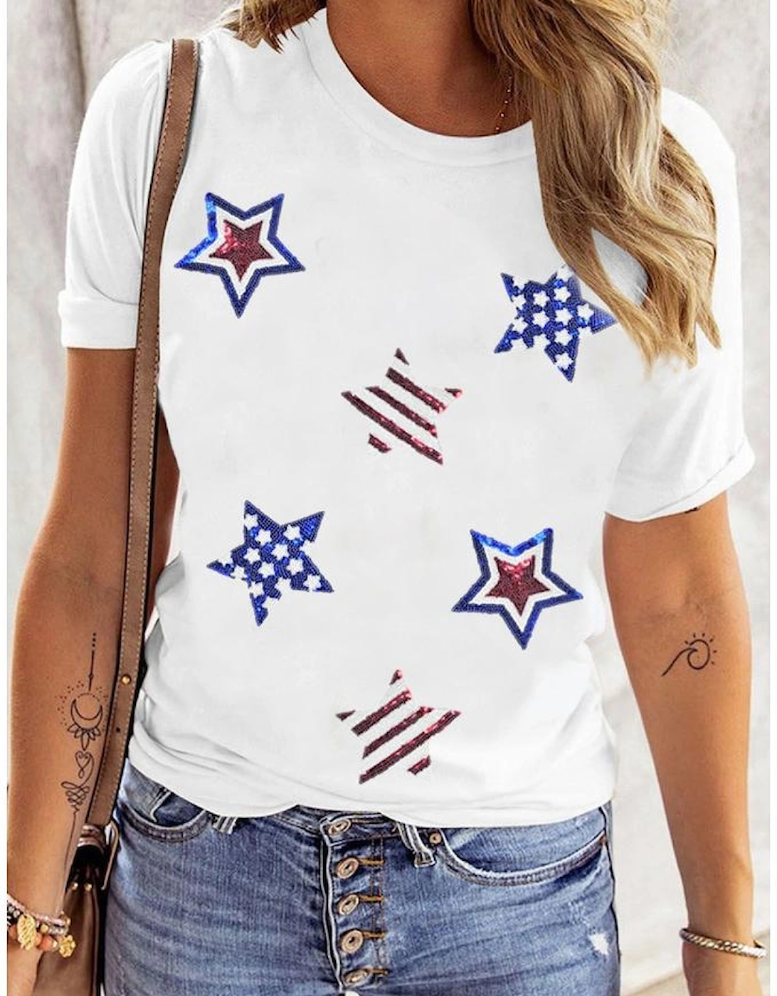 White USA Sequin Stars Patched Casual T Shirt