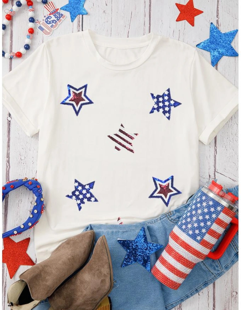 White USA Sequin Stars Patched Casual T Shirt