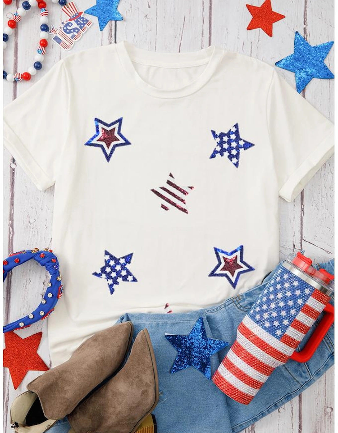 White USA Sequin Stars Patched Casual T Shirt, 8 of 7