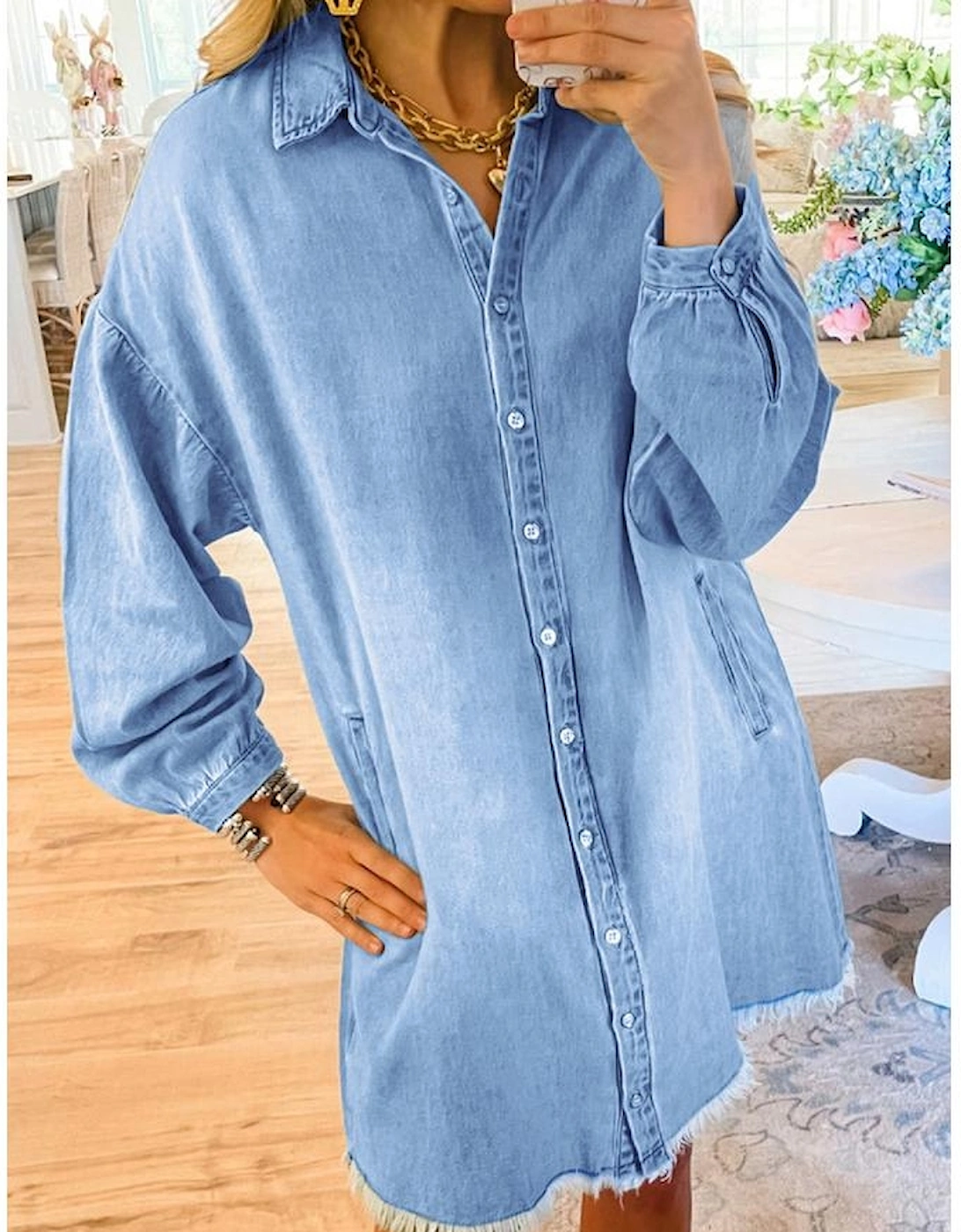 Beau Blue Risen Medium Washed Denim Shirt Dress
