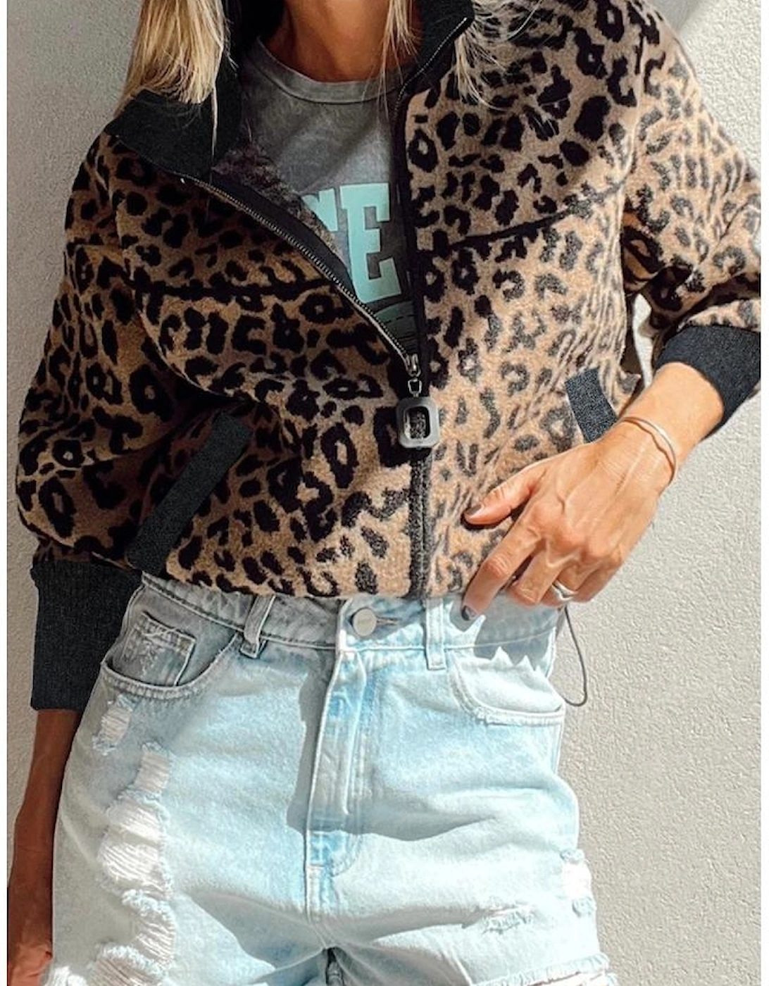 Khaki Leopard Print Zip Up Stand Neck Side Pocket Jacket
