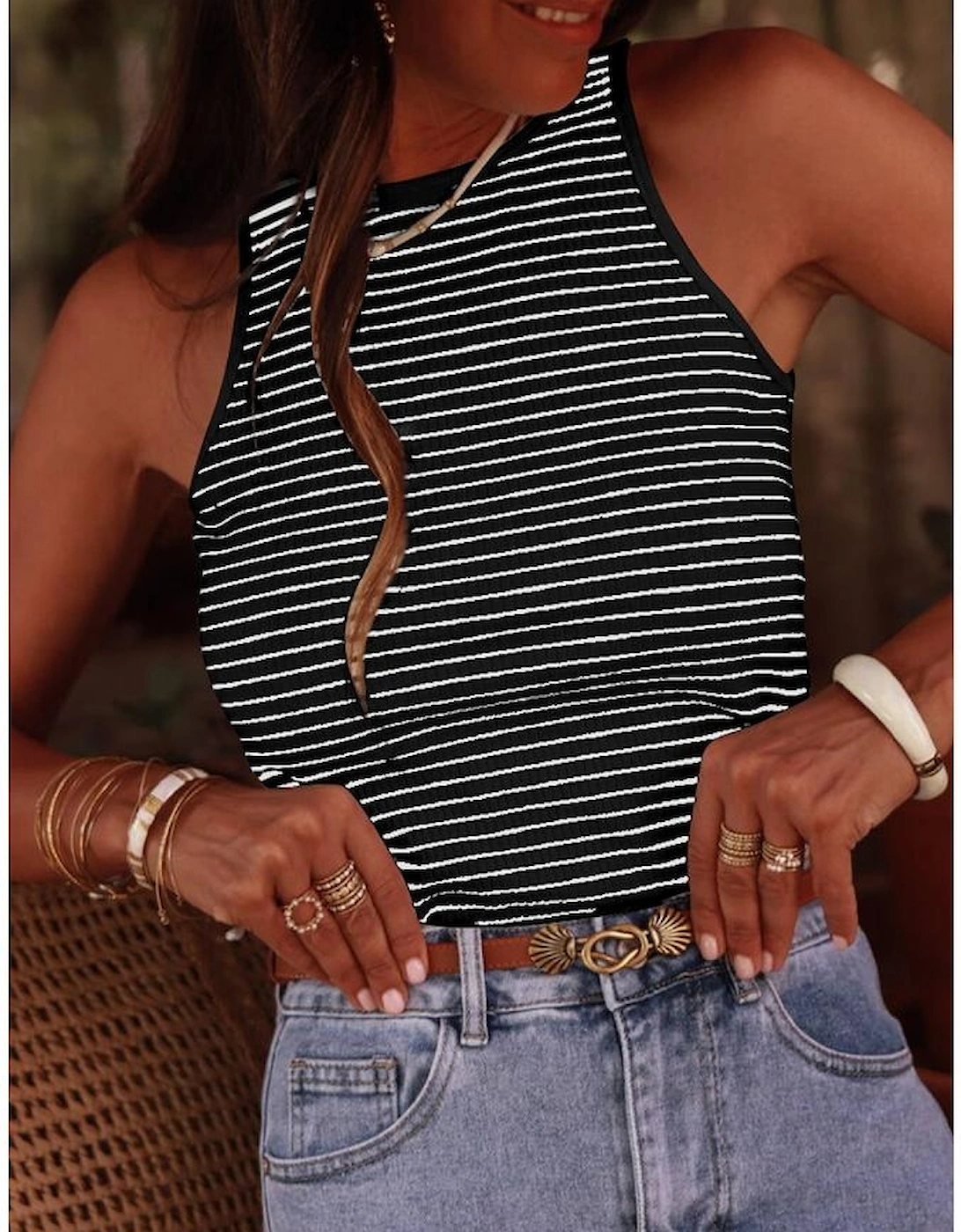 Black Striped Print Ribbed Knit Sleeveless Top