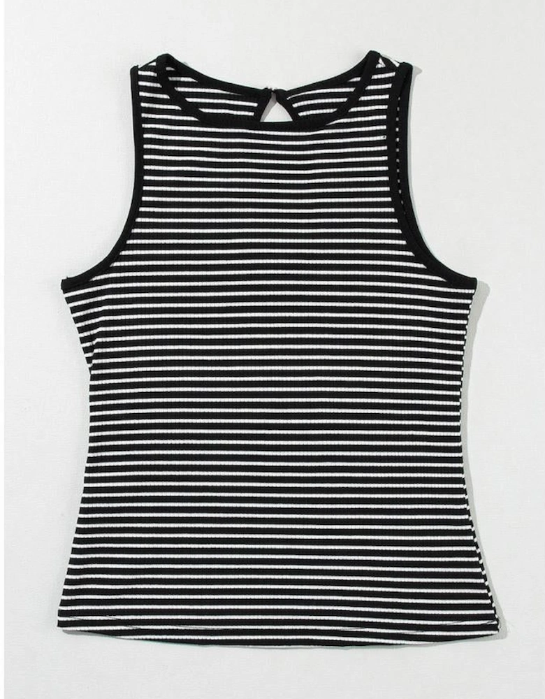 Black Striped Print Ribbed Knit Sleeveless Top