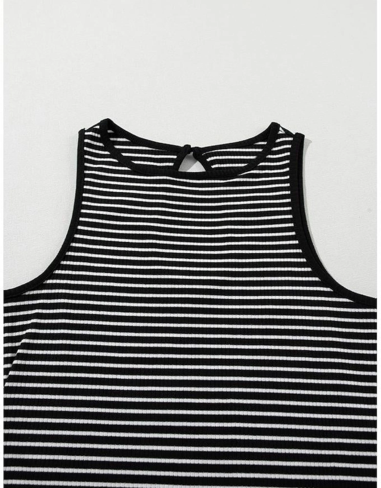 Black Striped Print Ribbed Knit Sleeveless Top