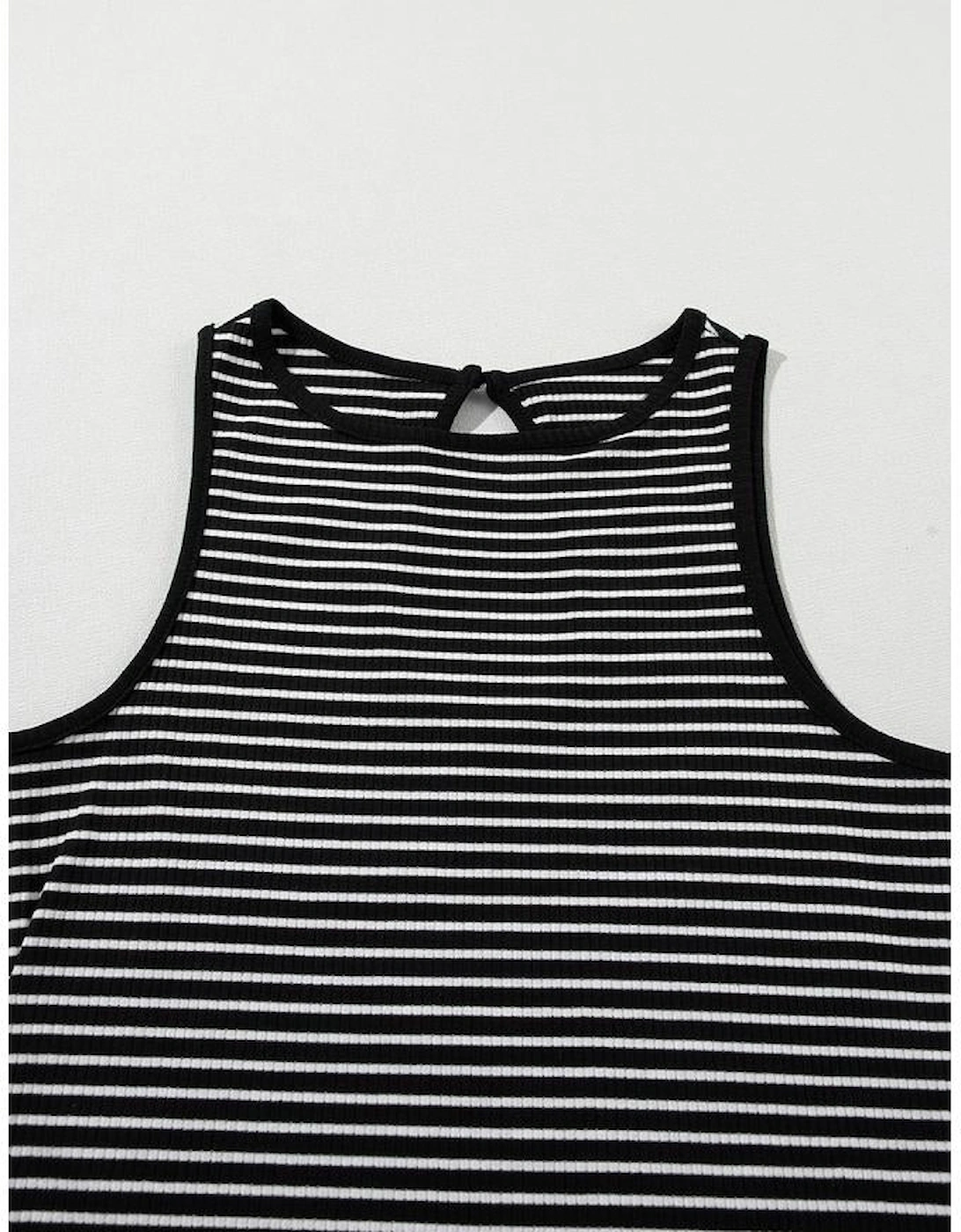 Black Striped Print Ribbed Knit Sleeveless Top