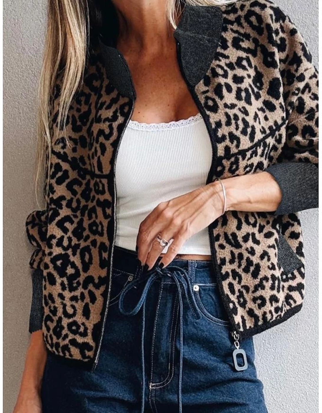 Khaki Leopard Print Zip Up Stand Neck Side Pocket Jacket, 4 of 3