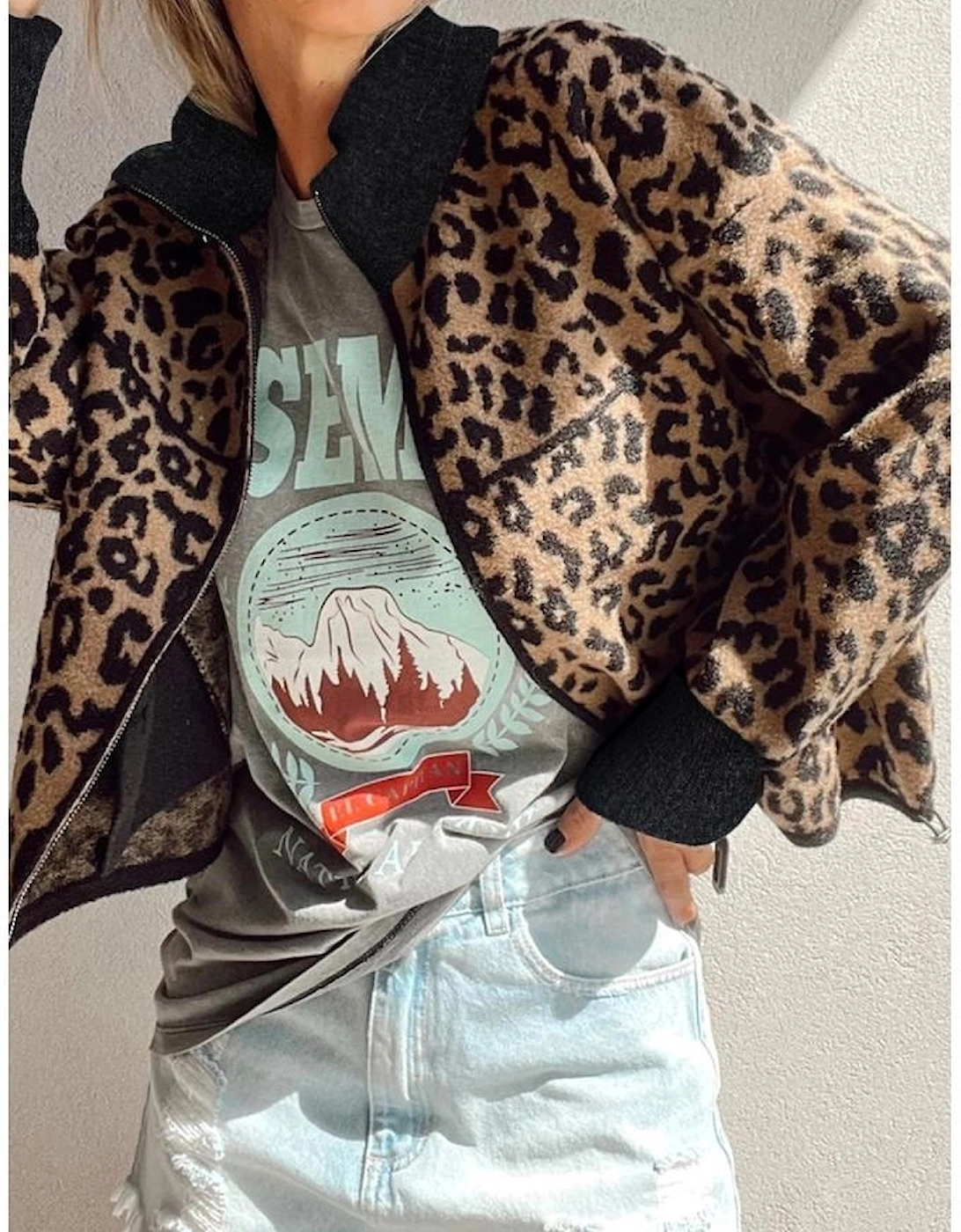 Khaki Leopard Print Zip Up Stand Neck Side Pocket Jacket