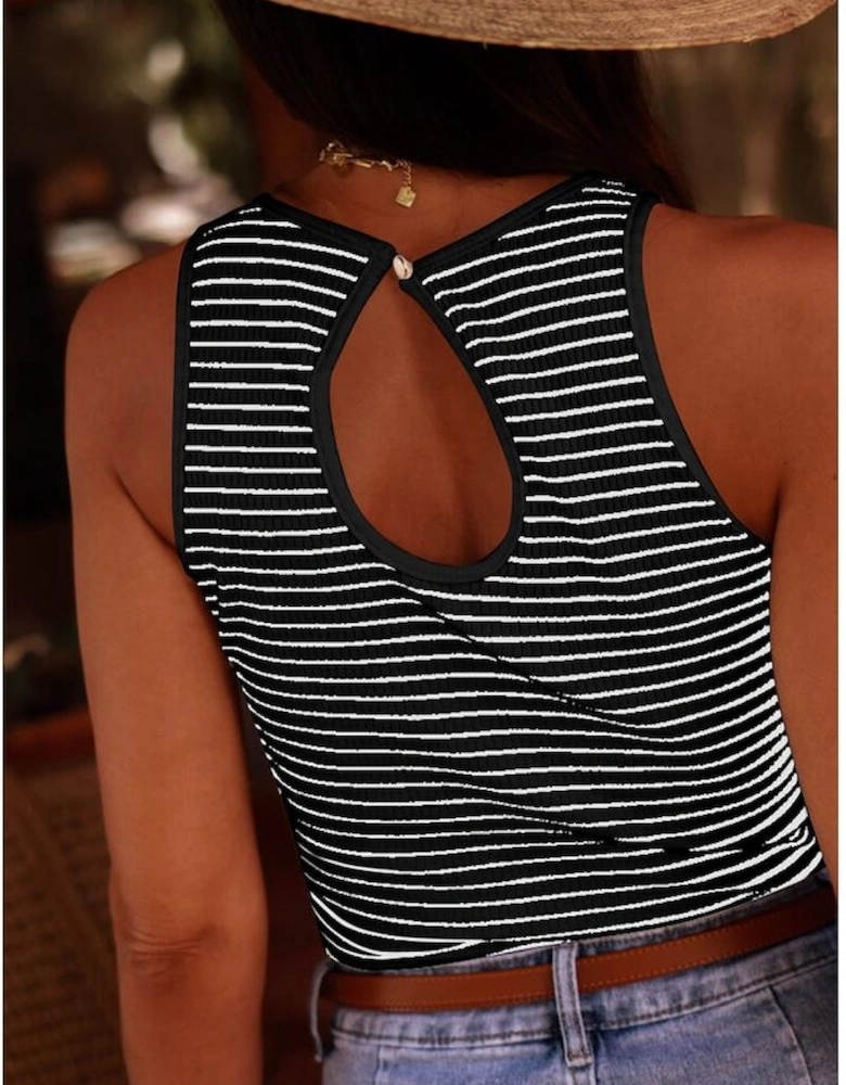 Black Striped Print Ribbed Knit Sleeveless Top