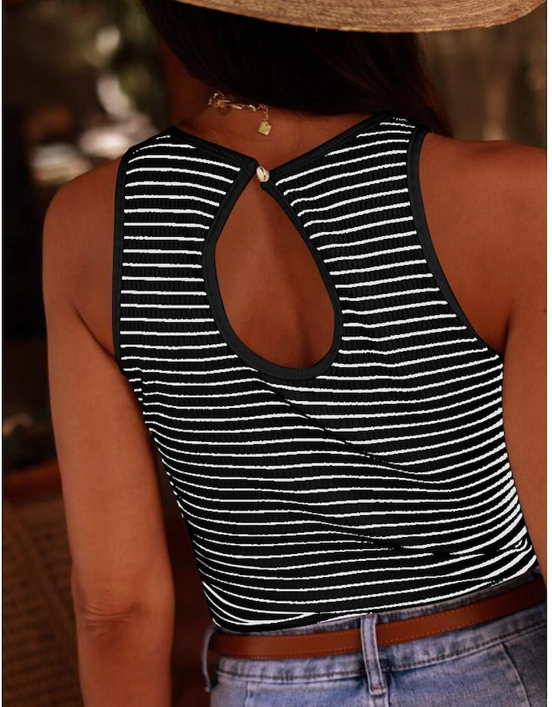 Black Striped Print Ribbed Knit Sleeveless Top