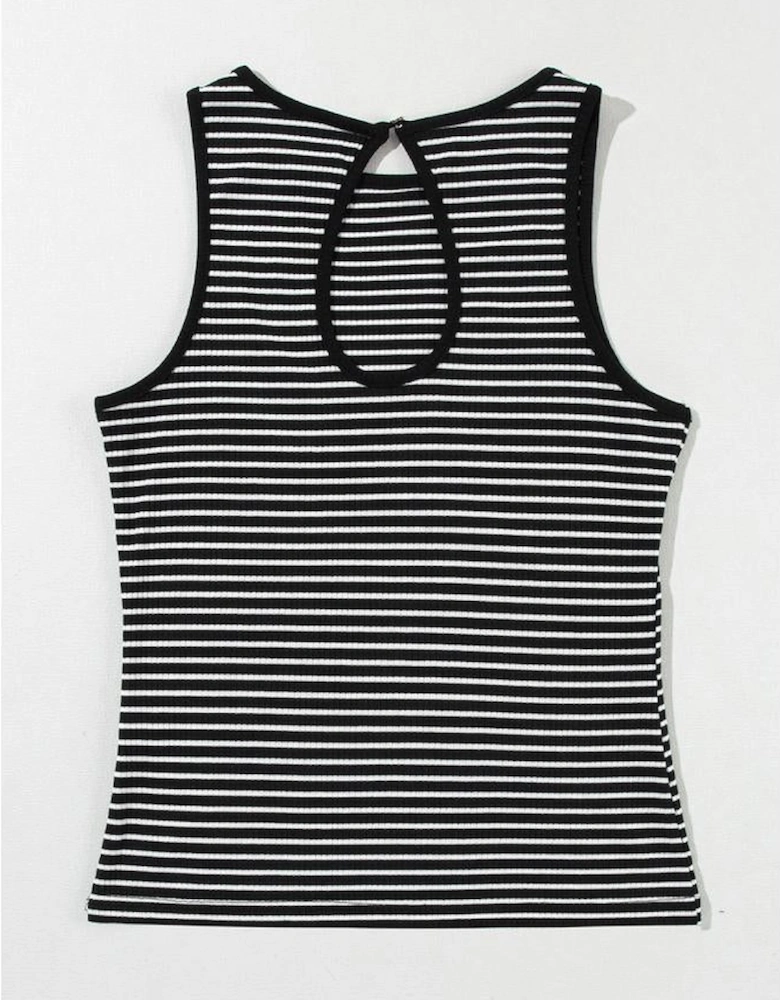 Black Striped Print Ribbed Knit Sleeveless Top
