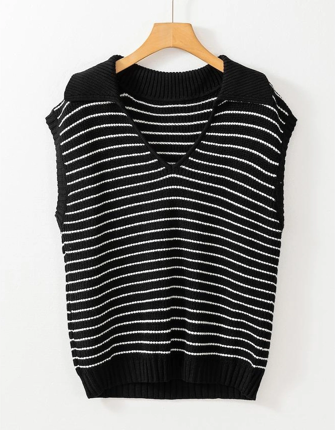Black Stripe Turn-down V Neck Sweater Tank Top