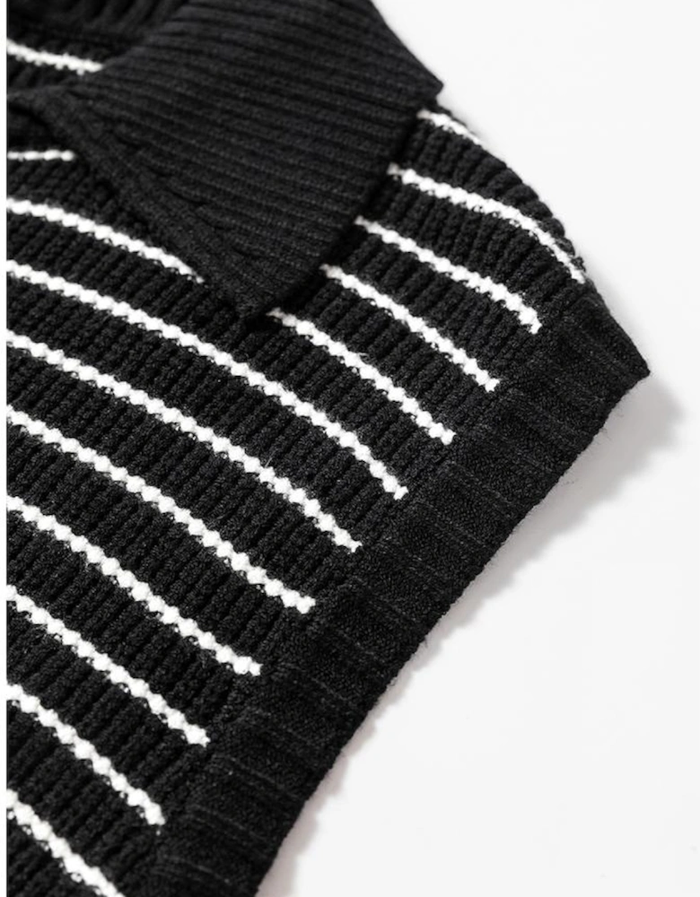 Black Stripe Turn-down V Neck Sweater Tank Top