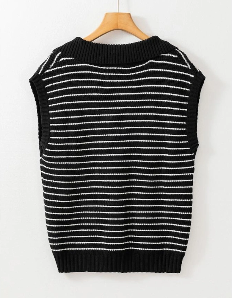 Black Stripe Turn-down V Neck Sweater Tank Top