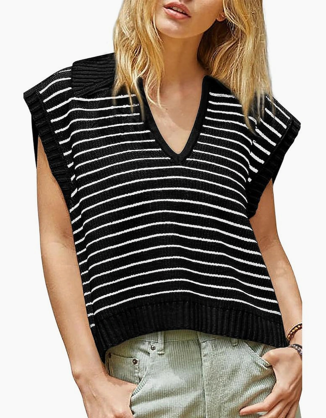 Black Stripe Turn-down V Neck Sweater Tank Top