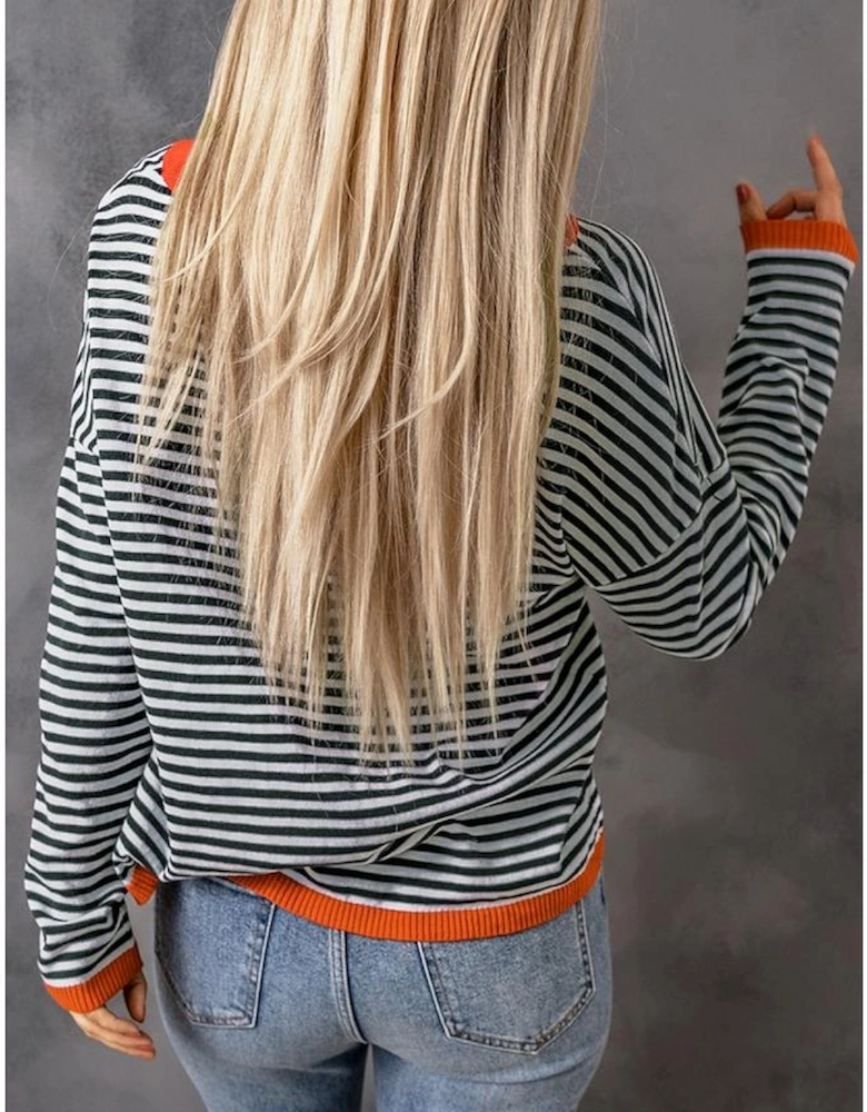 Contrast Trimmed Striped Drop Shoulder Sweater