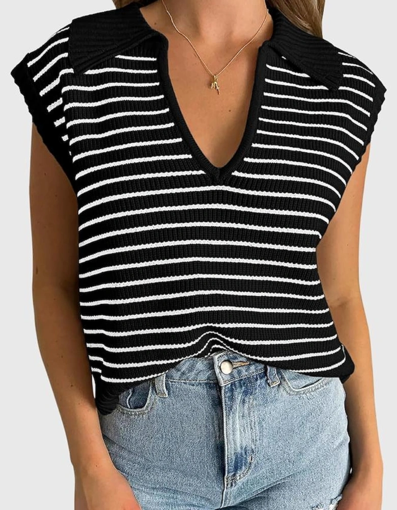 Black Stripe Turn-down V Neck Sweater Tank Top
