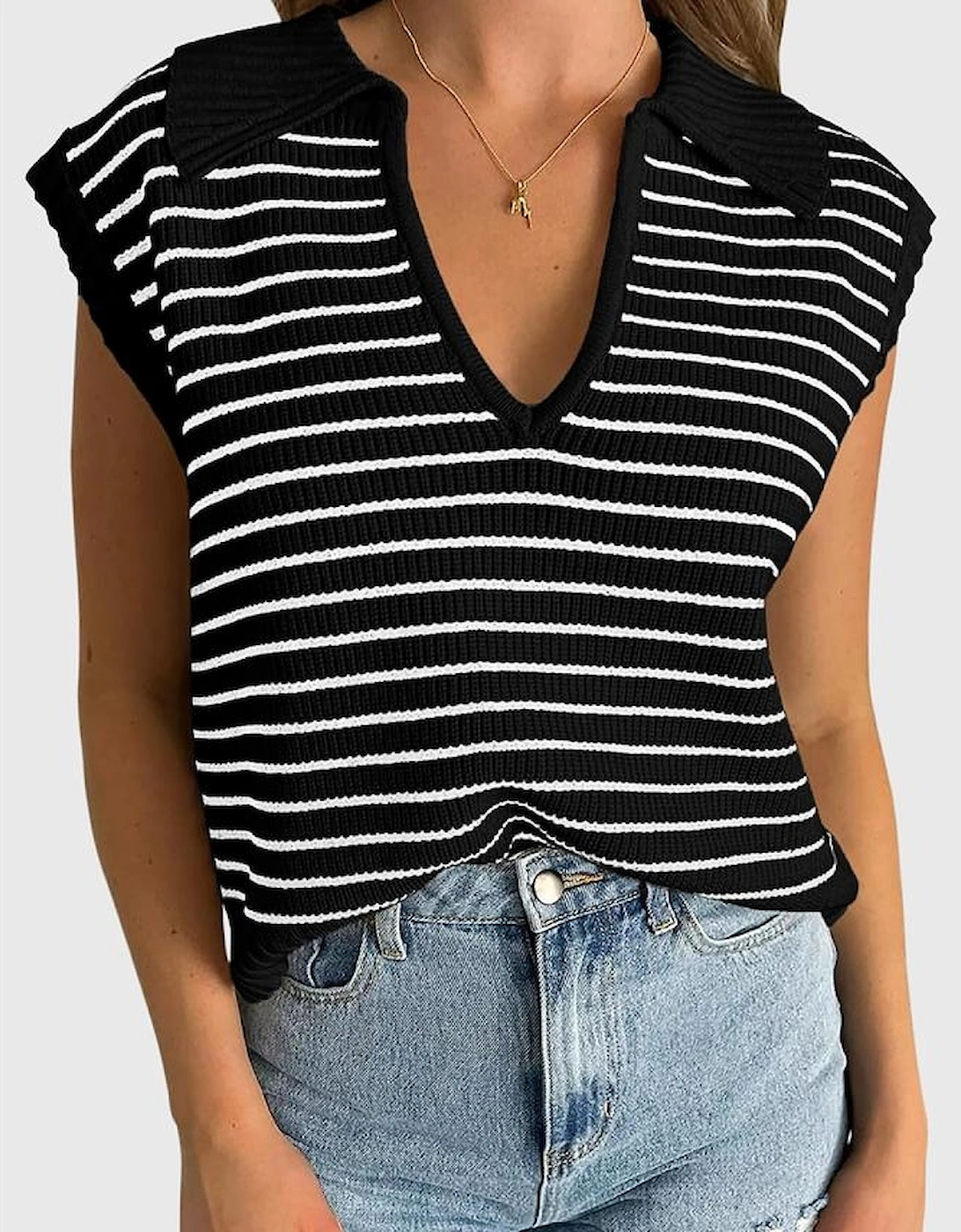 Black Stripe Turn-down V Neck Sweater Tank Top