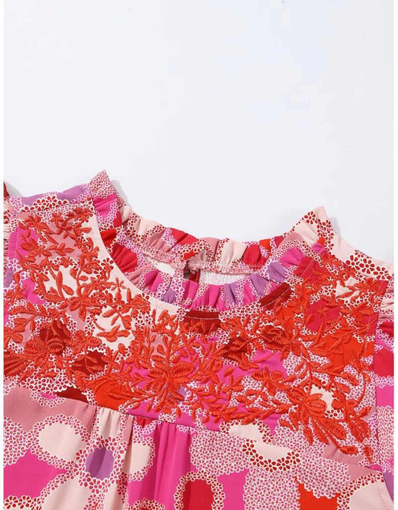 Rose Embroidered Detail Floral Print Ruffle Trim Tank Top