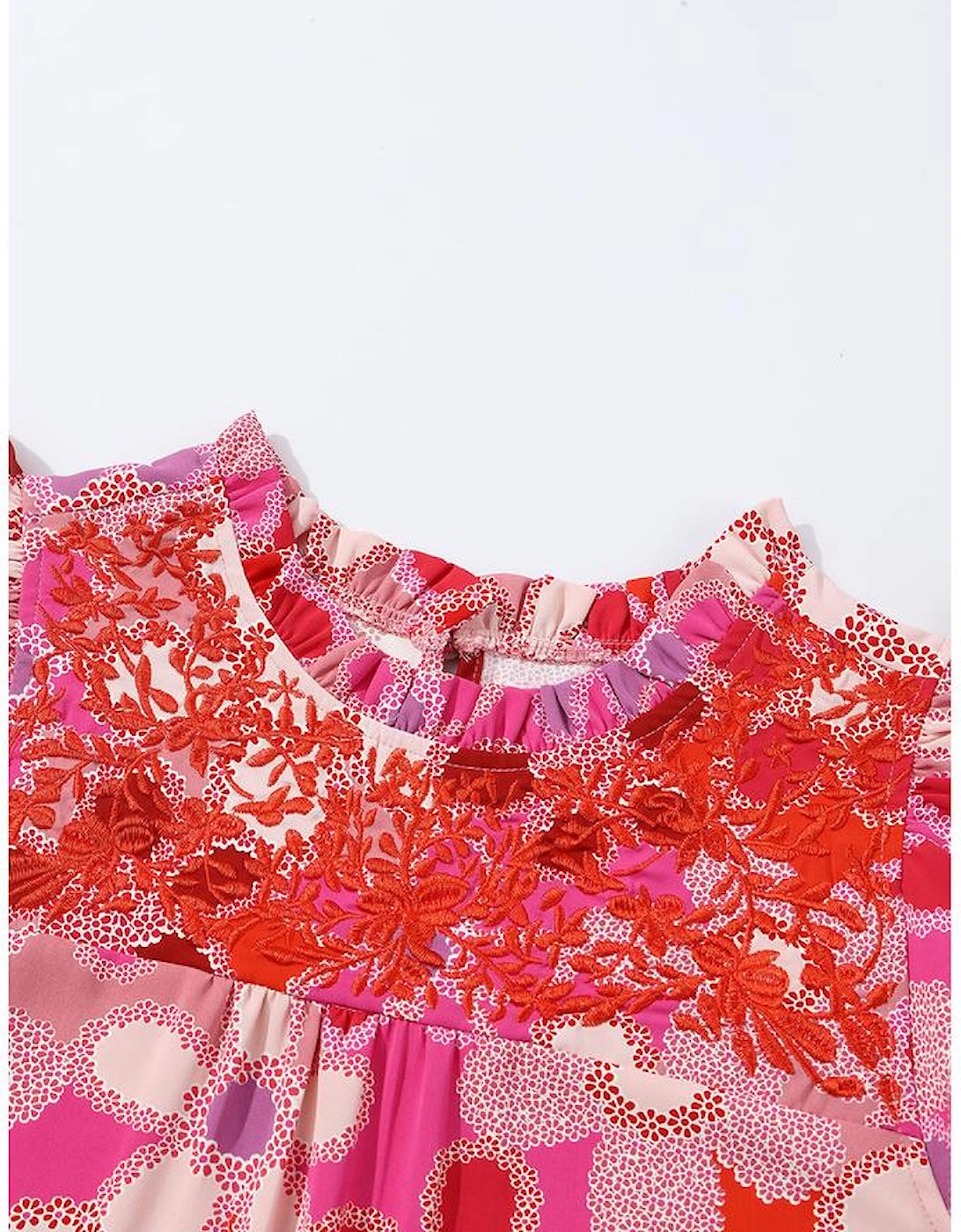 Rose Embroidered Detail Floral Print Ruffle Trim Tank Top