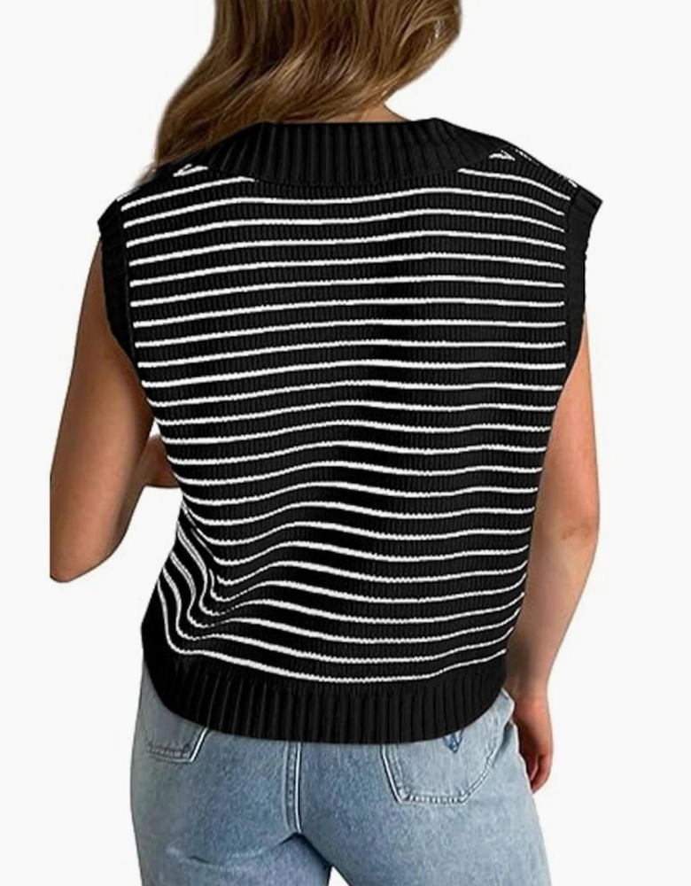 Black Stripe Turn-down V Neck Sweater Tank Top