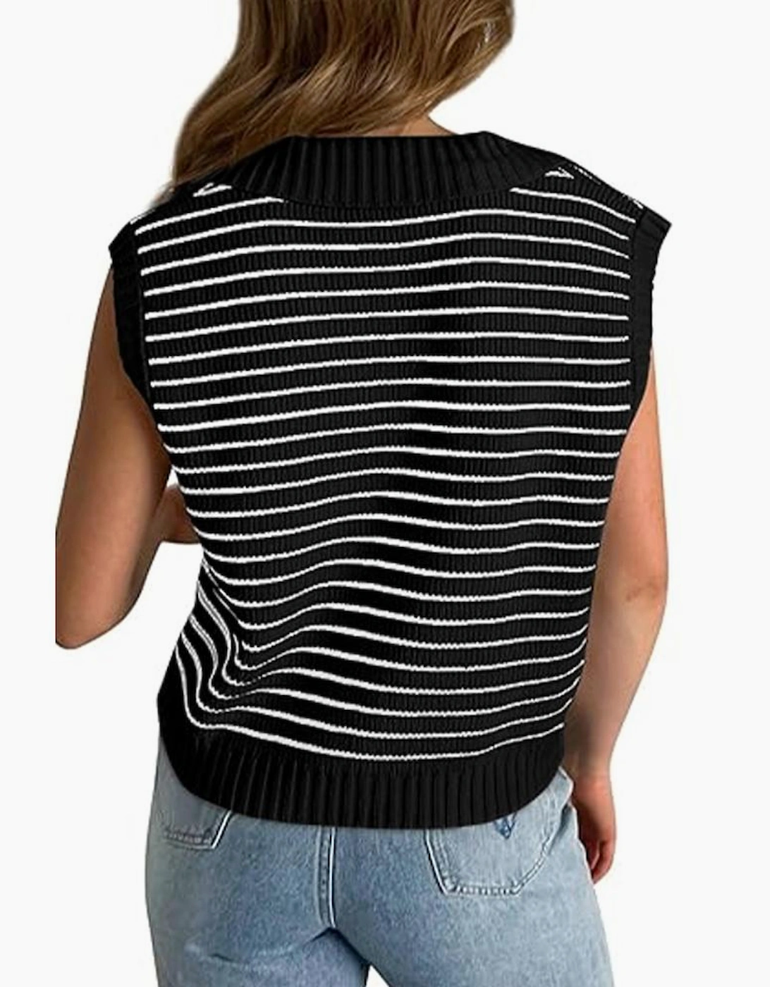 Black Stripe Turn-down V Neck Sweater Tank Top
