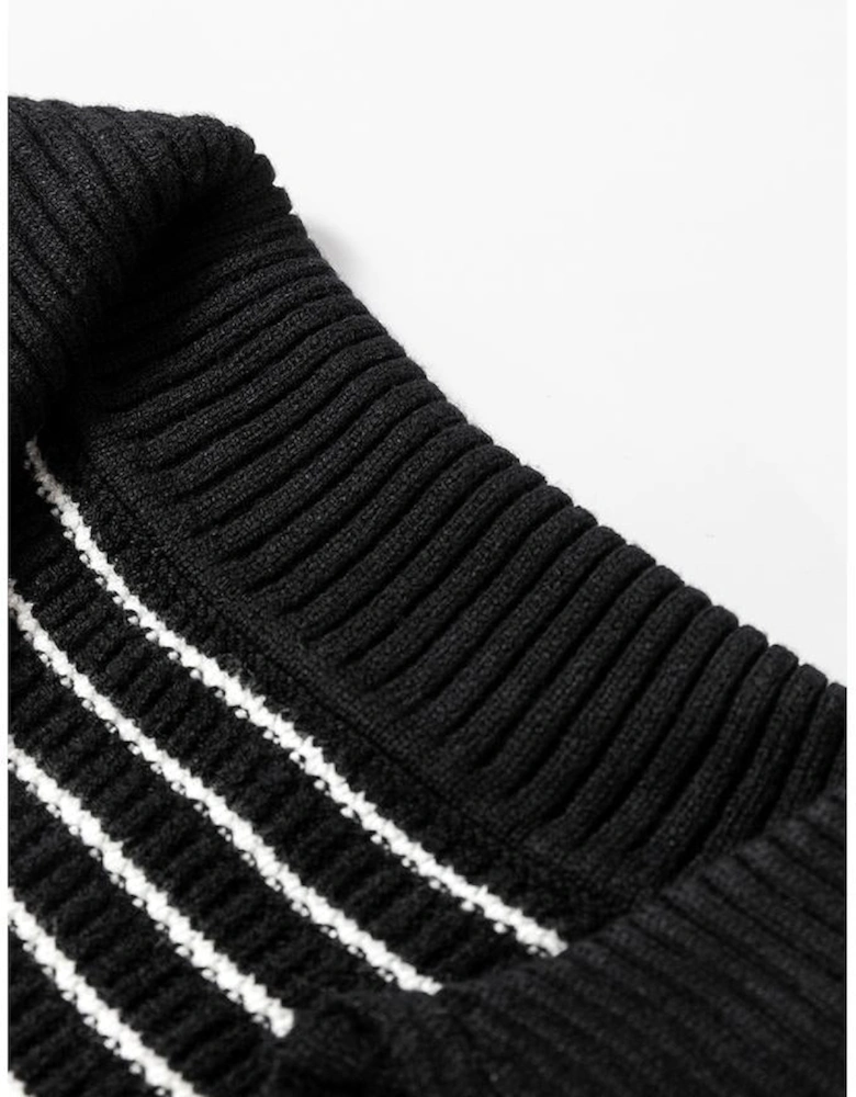 Black Stripe Turn-down V Neck Sweater Tank Top