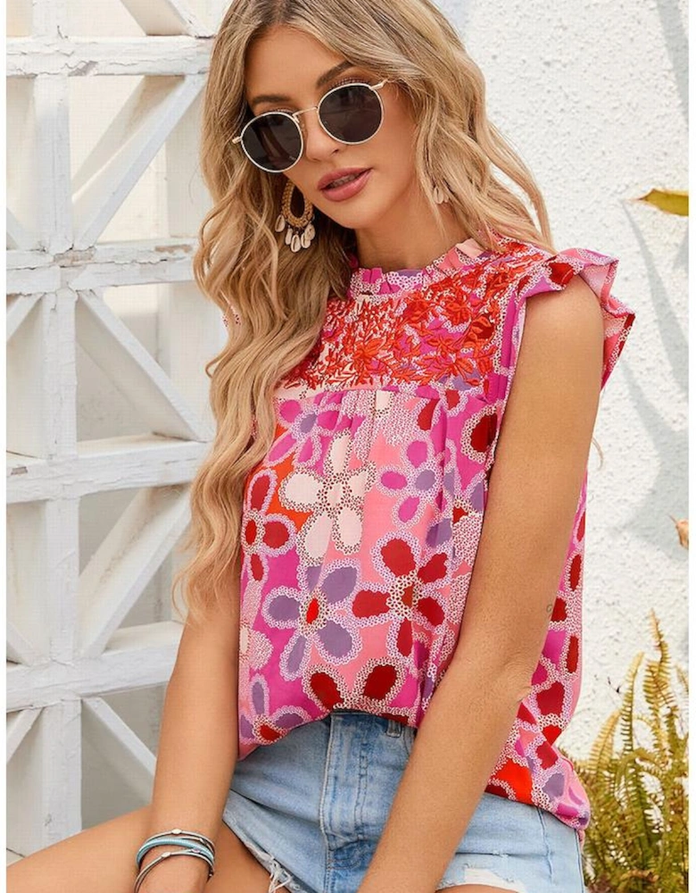 Rose Embroidered Detail Floral Print Ruffle Trim Tank Top